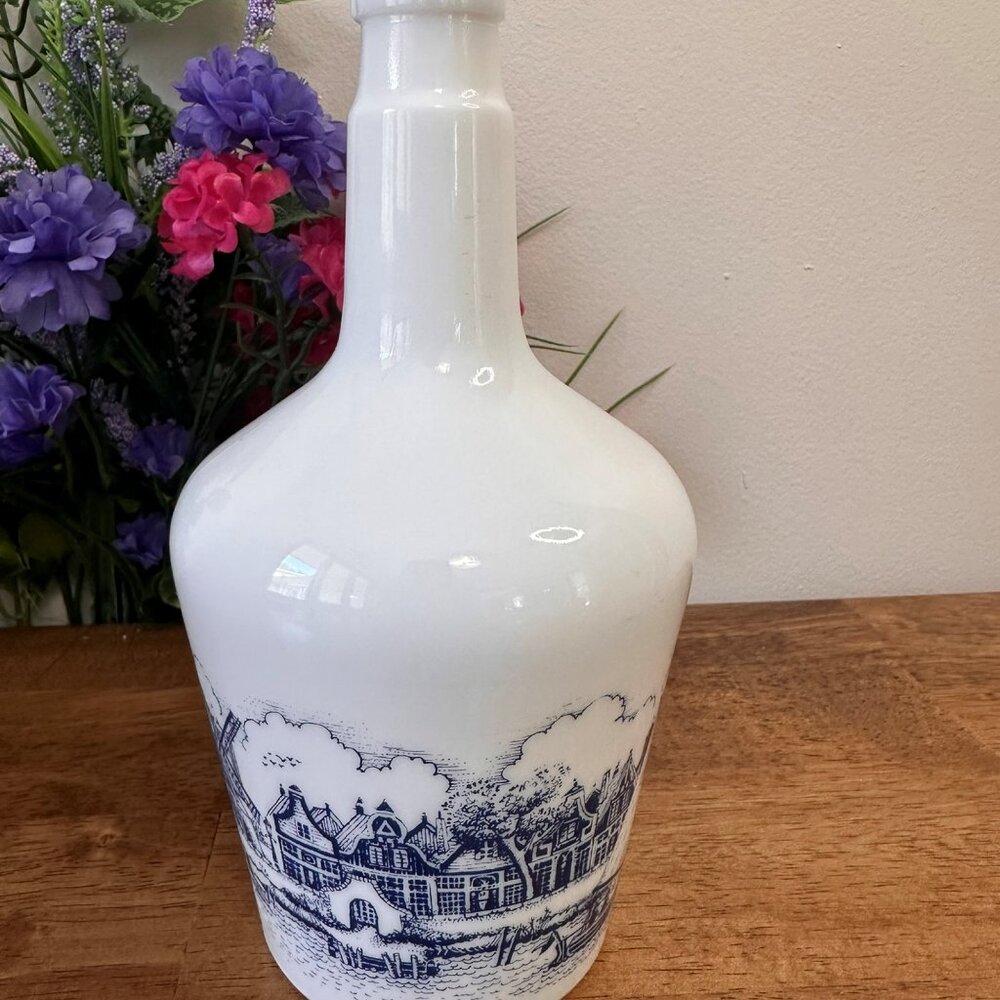 Vintage Milk Glass Bottle Dutch Canal‎ Scene Blue Transferware Bar Decor